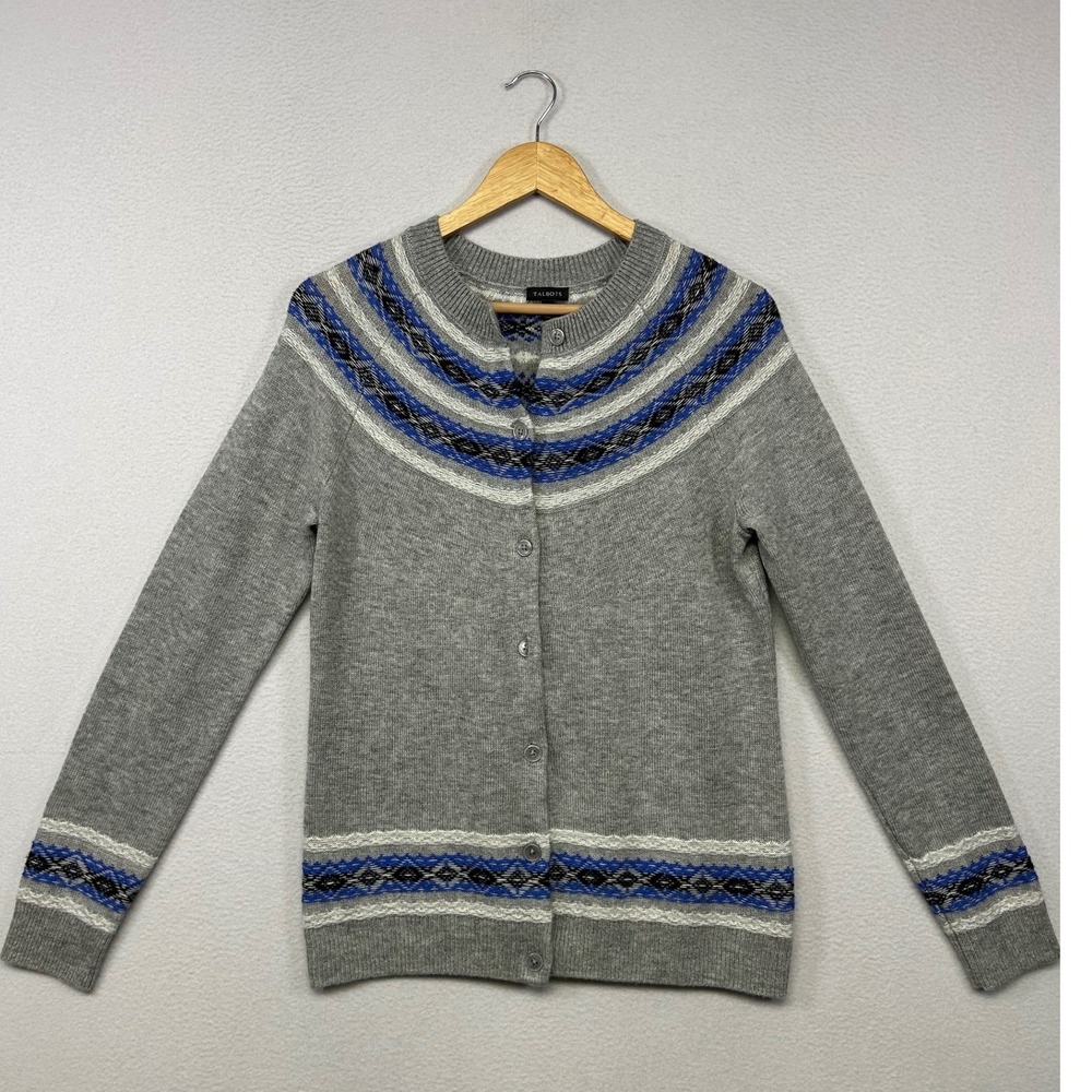 Preppy Wintercore Talbots Women Medium Gray Fair Isle Lambswool Cardigan Sweater